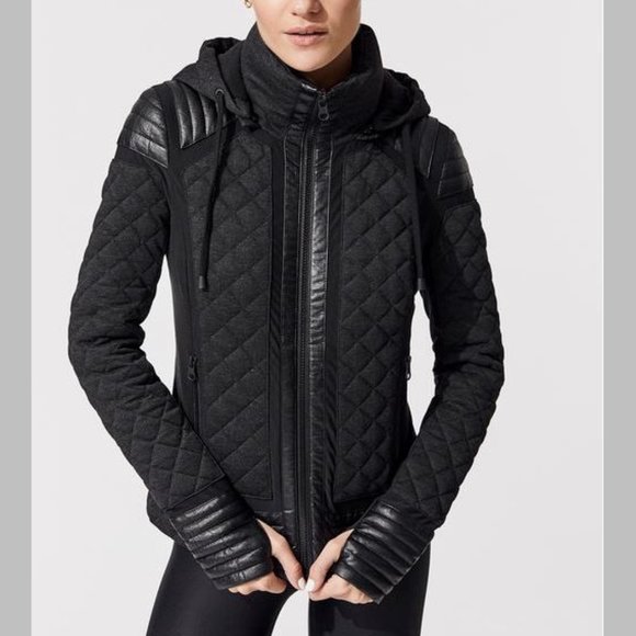 blanc noir Jackets & Blazers - Blanc Noir Hooded Mesh Inset Down Moto Jacket